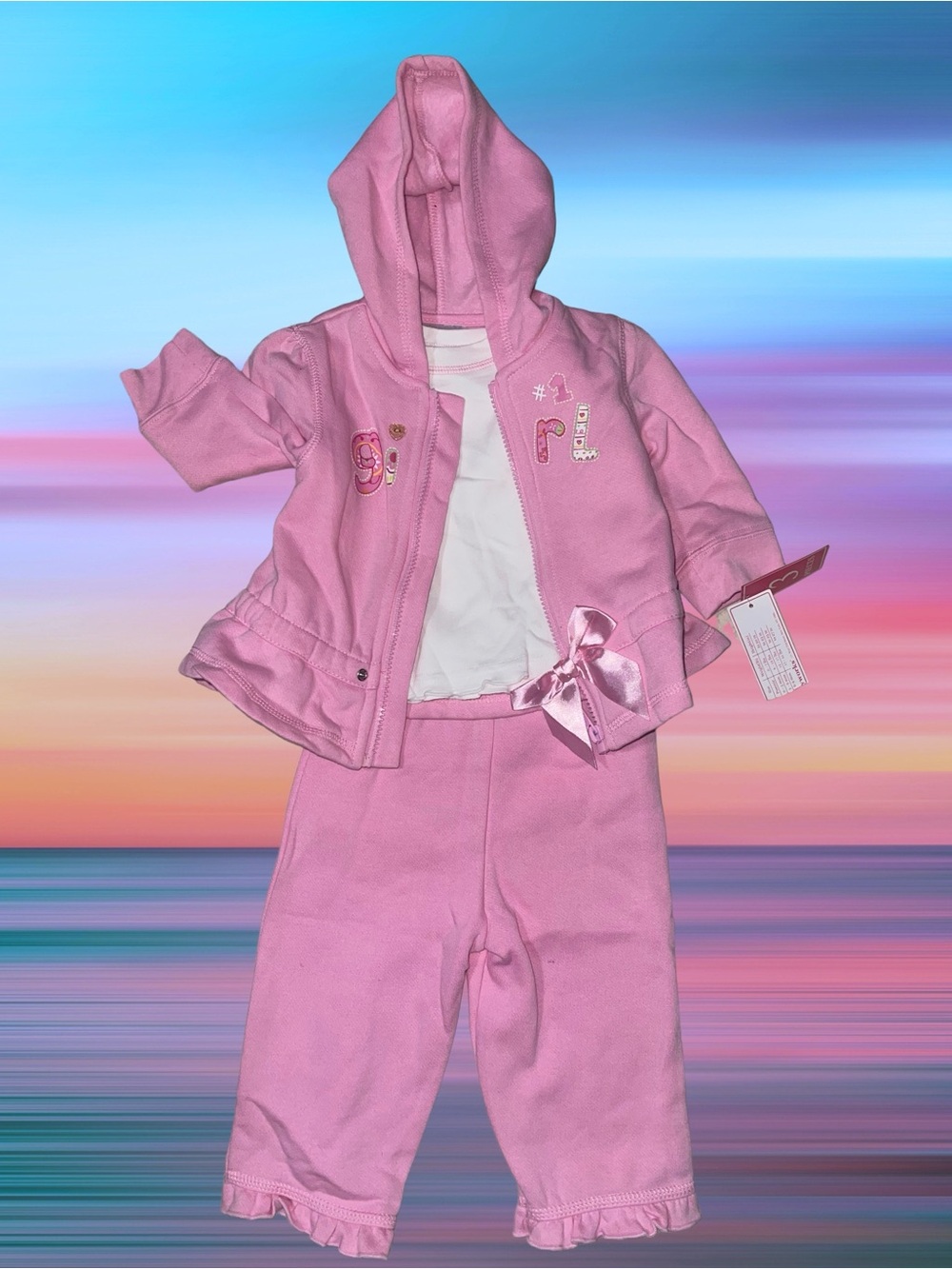 Girls Pink Hooded 2-Piece Matching Set with Satin Bow